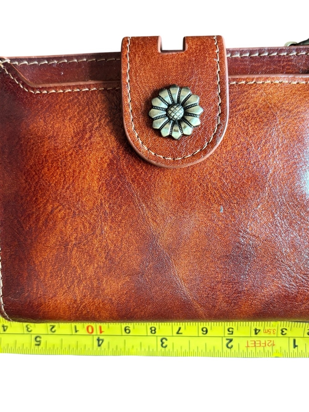 Brown Leather Wallet with Snap Flower Accent, oversized card storage - Picture 8 of 9